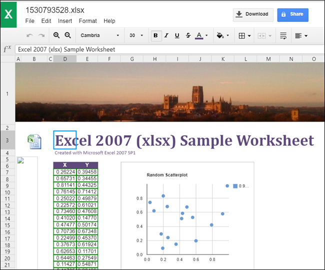 A scatterplot and the corresponding data open in an XLSX file. 