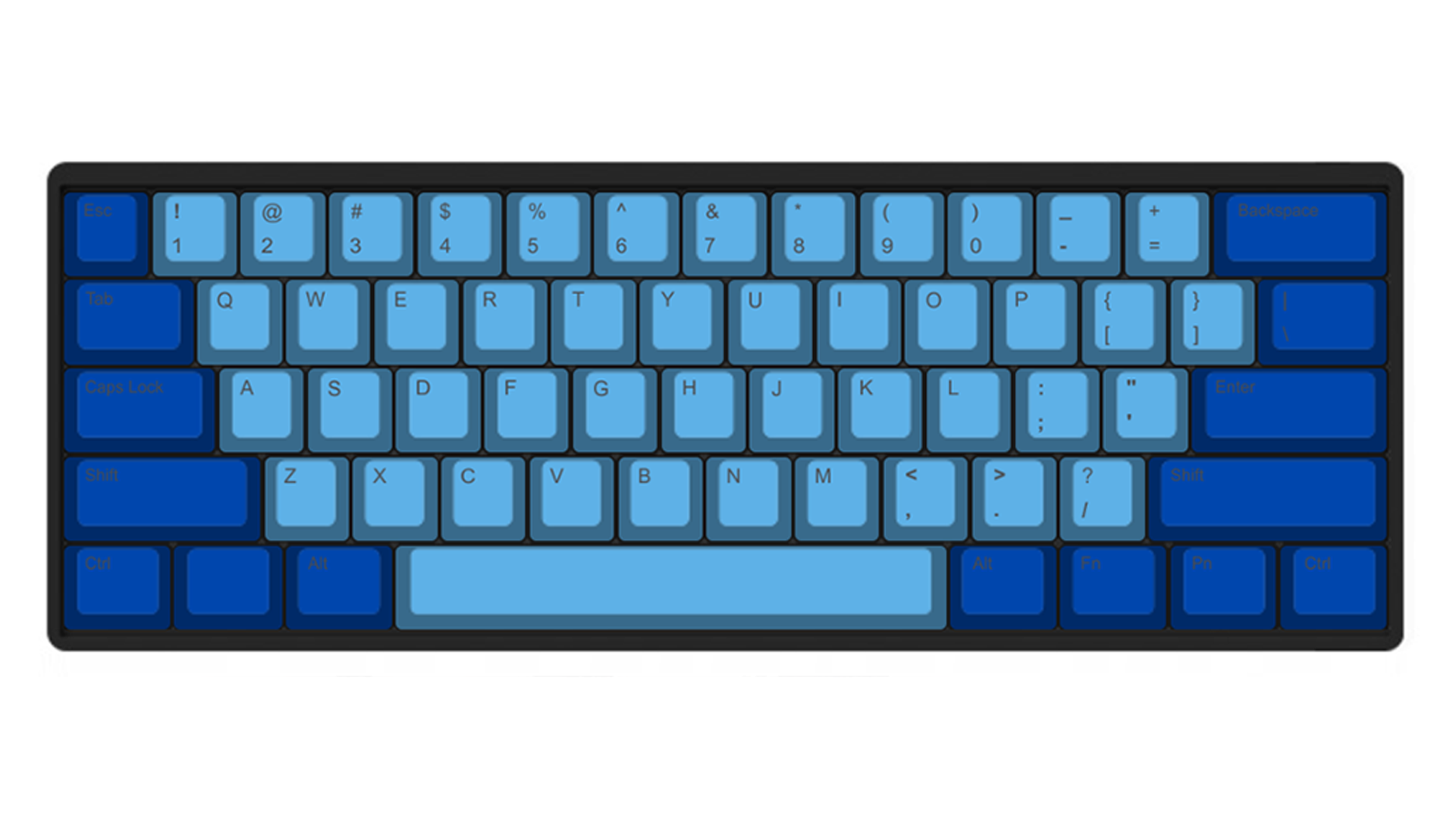 Sample dark and light blue keycaps on a mechanical keyboard
