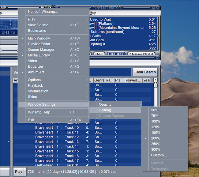 Choosing window scaling settings in Winamp.