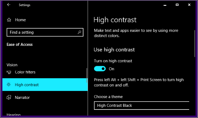 High contrast settings menu.