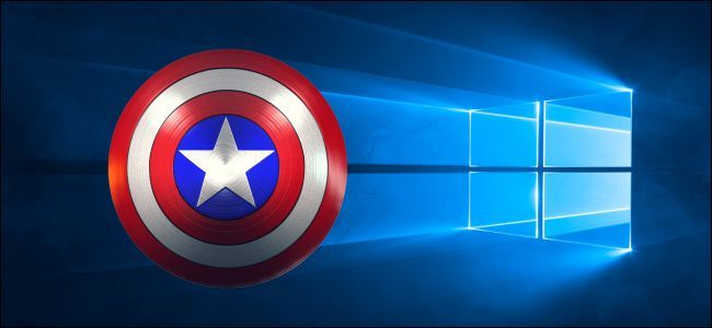 Captain America shield over a Windows 10 desktop background