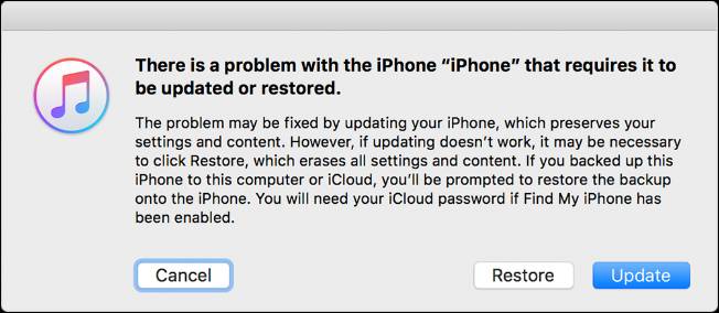 A notice from iTunes informing the user that an update or restore is necessary.