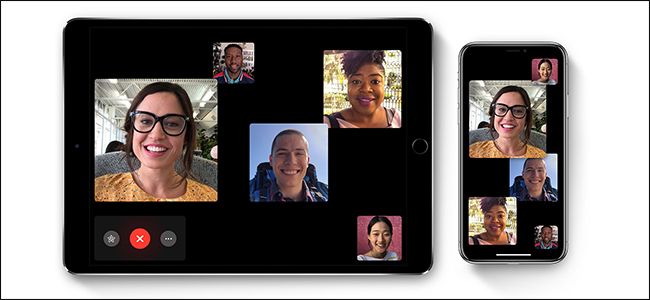 Five people on a FaceTime call on an iPad and iPhone.