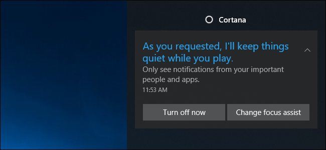 Focus Assist notification in the Action Center
