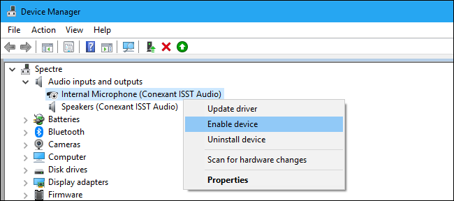 Open the Device Manager, scroll to &quot;Audio Inputs and Outputs,&quot; and click &quot;Enable Device.&quot;