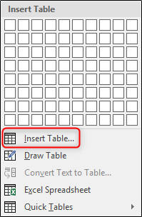 Select Insert Table Option
