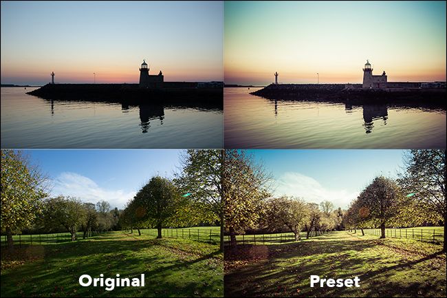 beach and field scenes, shown before and after presets are applied