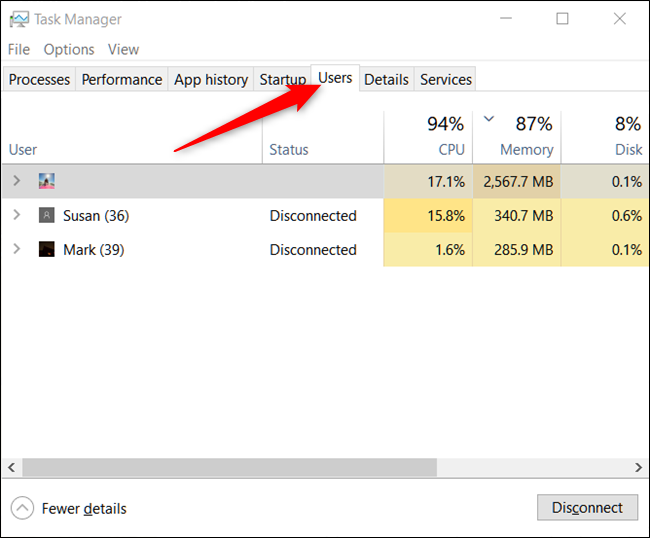 Users tab of Task Manager