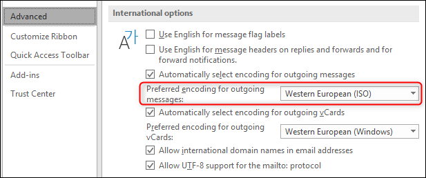 Choose Advanced, Internal Options to change the default encoding