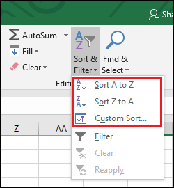 Sort & Filter menu showing sorting options