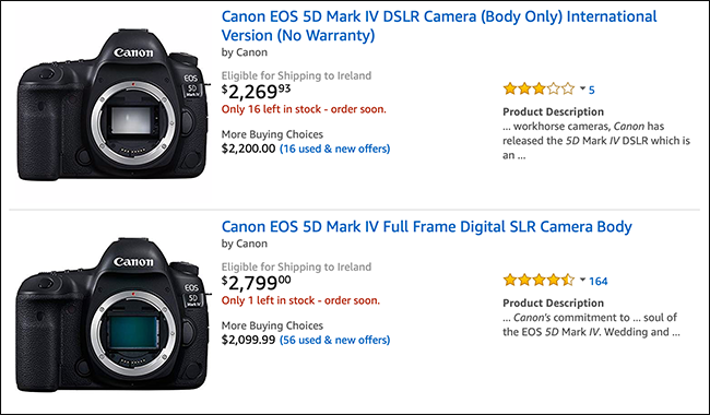 Amazon listing showing Canon camera bodies