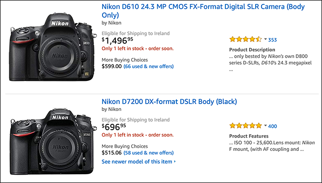 Amazon listing showing Nikon camera bodies
