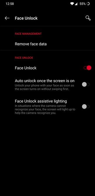 OnePlus 6T Face Unlock options
