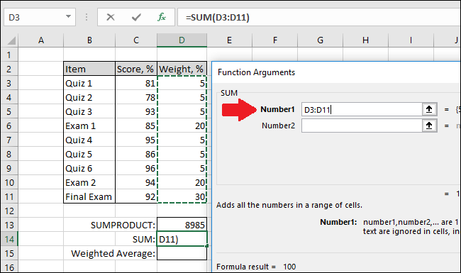 In the Number1 box, select the cells with the weights