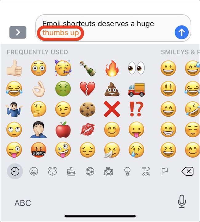 the text &quot;thumbs up&quot; is highlighted orange and the thumbs up emoji appears as a replacement option