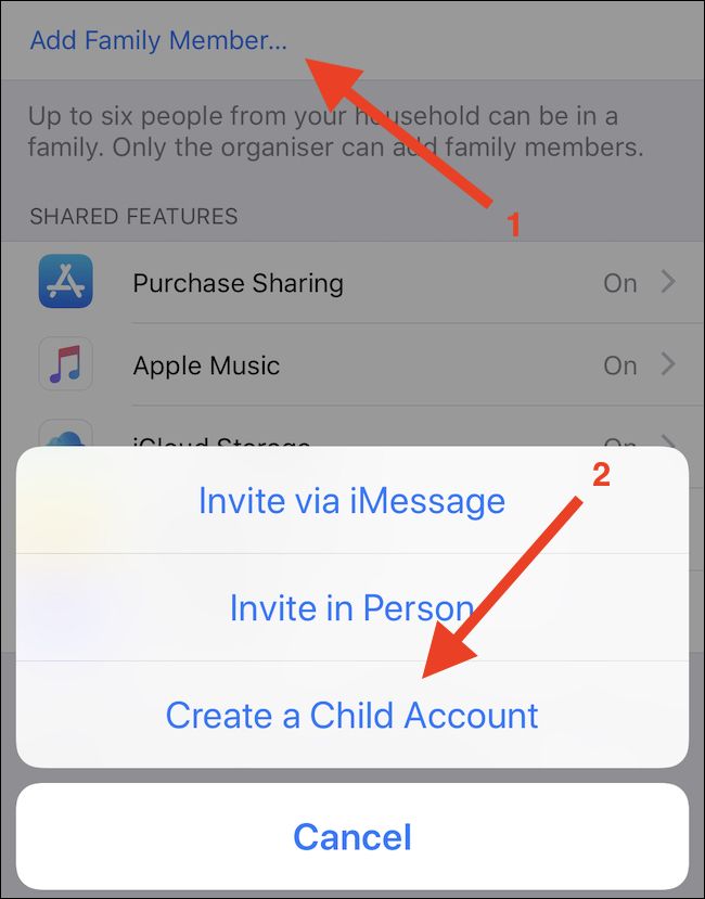 Tap Add Family Member, followed by &quot;Create Child Account.&quot;
