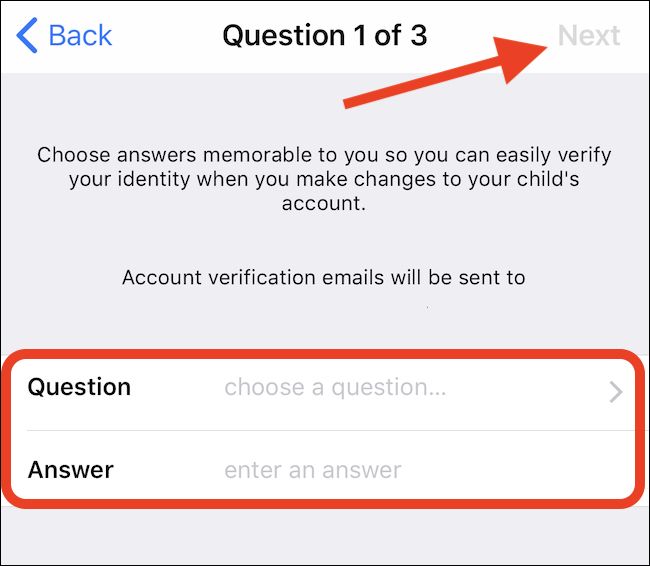 Select three questions and provide answers. Tap Next.