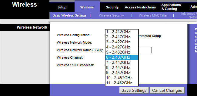wi-fi router settings page showing 2.4 GHz channels