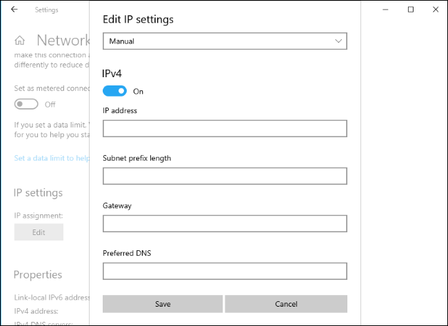 Manual IP configuration in Windows 10's Settings
