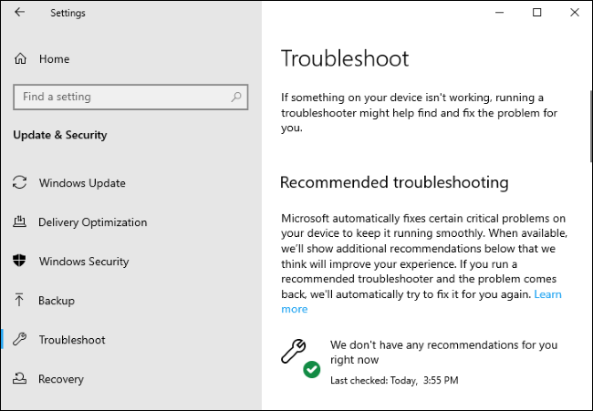 Troubleshooting options in Settings