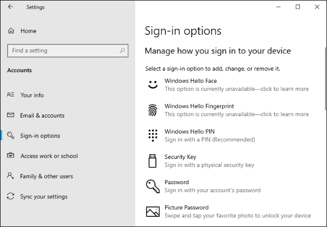 The Sign-in options page in Settings