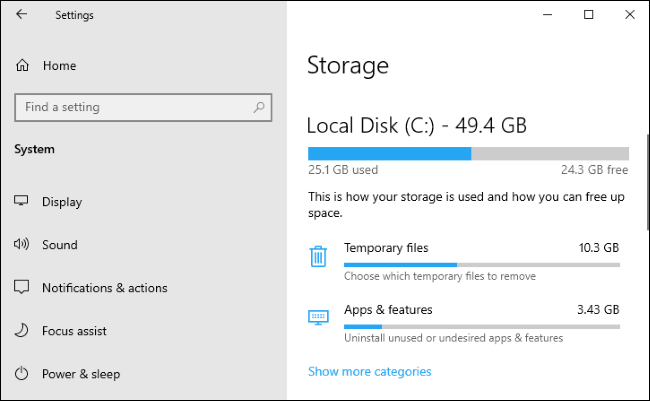 Storage settings on Windows 10