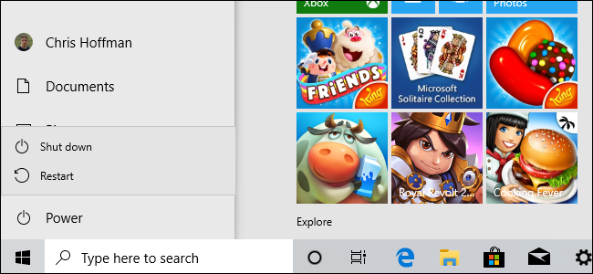 Power options in the Start menu