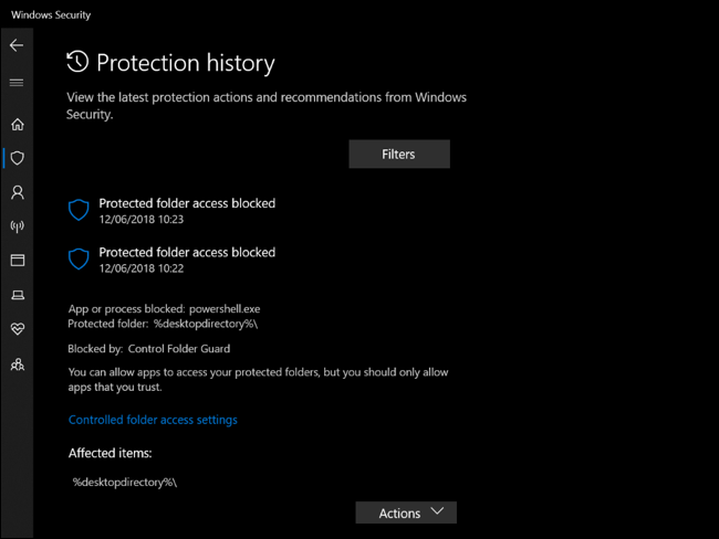 Protection History in Windows Security