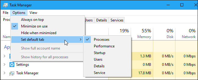 The Set default tab menu in Windows 10's Task Manager