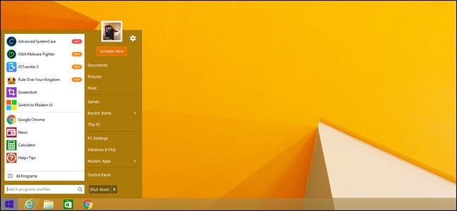Default Start menu with Start Menu 8 running