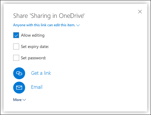 The sharing options in OneDrive