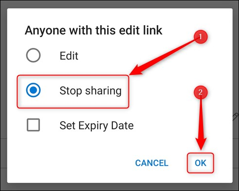 The Stop sharing radio button