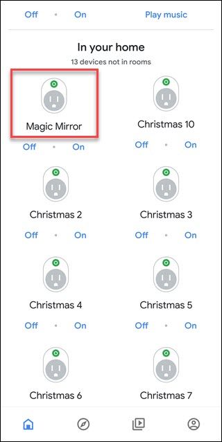 Google Assistant app showing unassigned devices, Magic Mirror device has red box around it