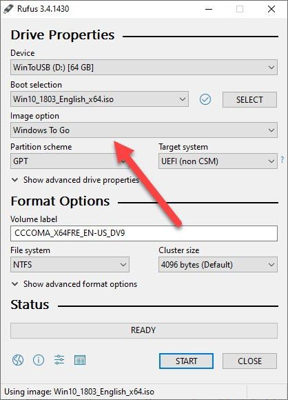 Rufus Dialog with Image Option Dropdown changed to Windows To Go