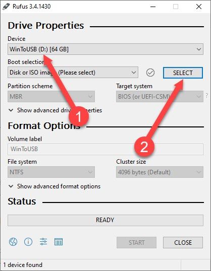 Rufus dialog with Device drop down and Select button call out