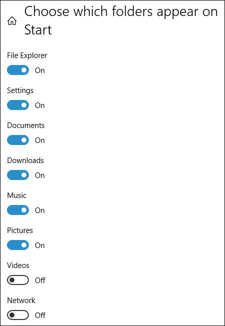 choosing which folders appear on start in the settings app