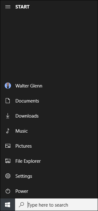 start menu with names showing for folders