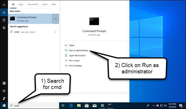 Windows search for command prompt, with Run as administrator option highlighted