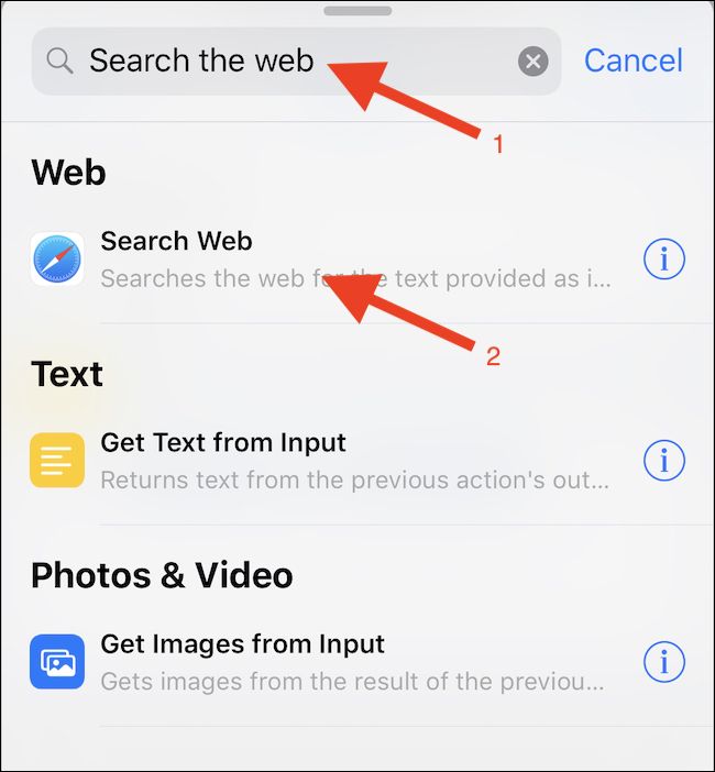 Search for a "Search Web" action and tap it.