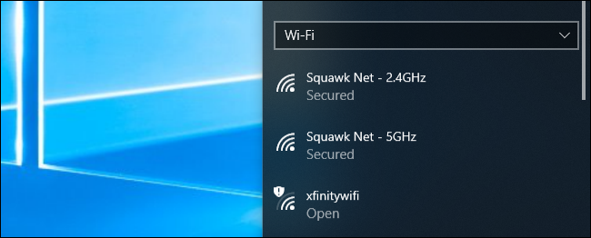 Wi-Fi network connection menu on Windows 10