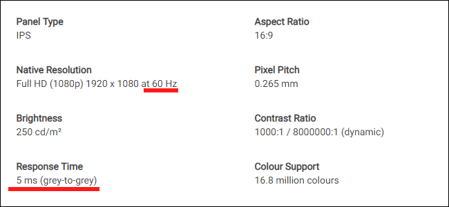 The spec sheet for a Dell monitor. Note the difference between refresh rate and response time.