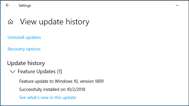 The latest installed feature update in Windows 10's settings