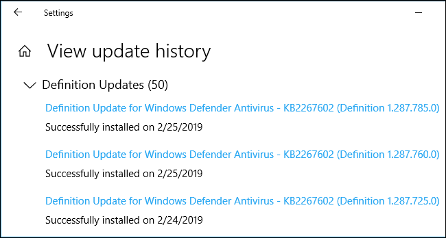 Update history showing malware definition updates on Windows 10