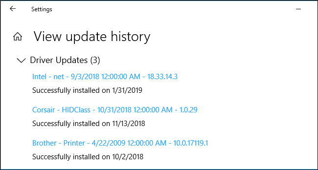 Driver update history in Windows 10's Settings