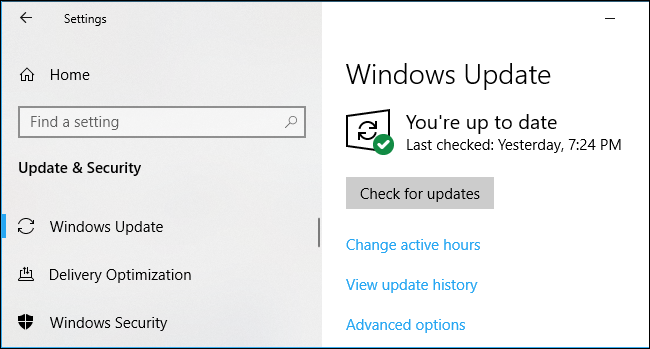 Windows Update settings on Windows 10