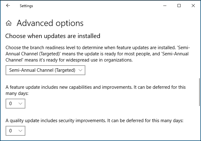Advanced options for pausing and delaying updates on Windows 10