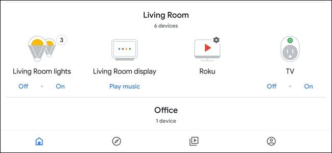 Google Assistant App showing devices grouped in living room