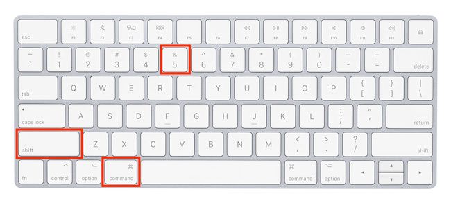 Mac keyboard with Command+Shift+5 highlighted