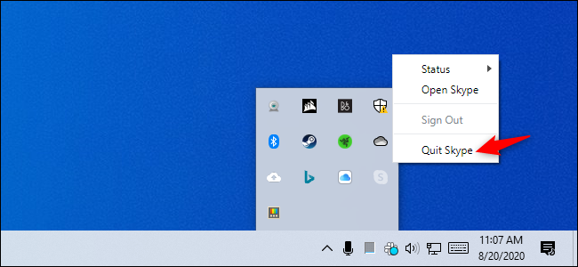 The &quot;Quit Skype&quot; option in Skype's system tray icon on Windows 10.