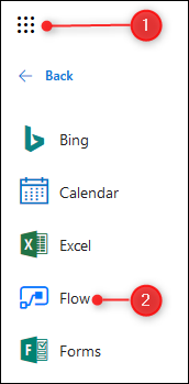 The O365 app launcher and Flow tile